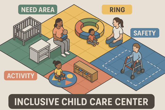 Inclusive child care center illustration with diverse adults and children engaged in activities