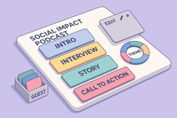 Social impact podcast interface with editable sections and guest features