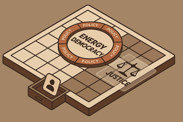 Conceptual illustration of energy democracy and policy justice in balancing scales