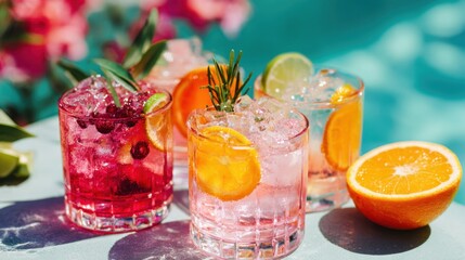 Four colorful cocktails sit on a stone table near a sparkling pool. Each drink is garnished with fruits and herbs perfect for enjoying a sunny day outside.