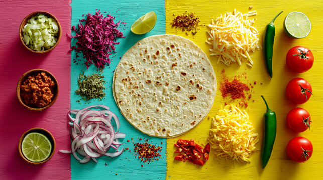 Colorful taco ingredients arranged on a multicolored background, including tortilla, cheese, chili peppers, onions, lime, cabbage, and fresh herbs.