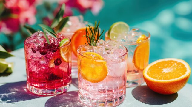 Four colorful cocktails sit on a stone table near a sparkling pool. Each drink is garnished with fruits and herbs perfect for enjoying a sunny day outside. - Powered by Adobe