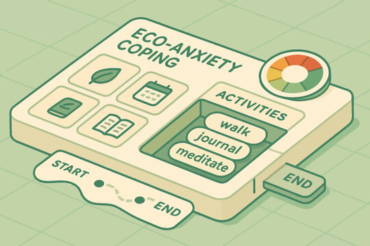 Eco-anxiety coping activities display with meditation and journaling options