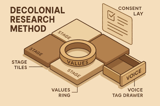 Decolonial research method diagram with stage tiles and values ring