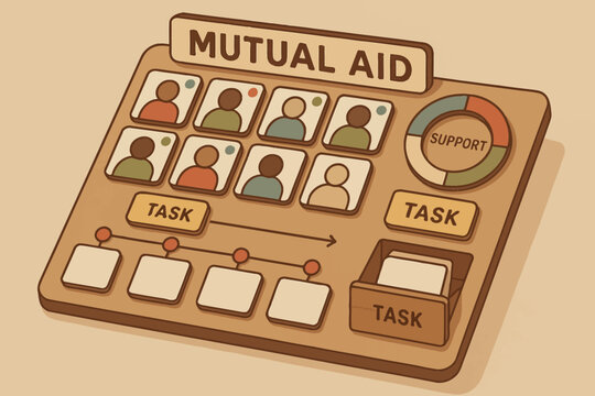 Mutual aid support system diagram with task management interface