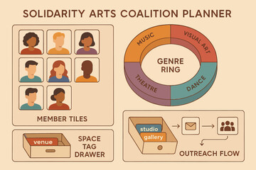 Solidarity arts coalition planner diagram with member tiles and genre ring