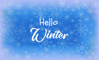 Blue winter background filled with delicate white snowflakes and soft gradients, featuring the handwritten HELLO WINTER text, creating a cozy, estive seasonal illustration perfect for holiday design