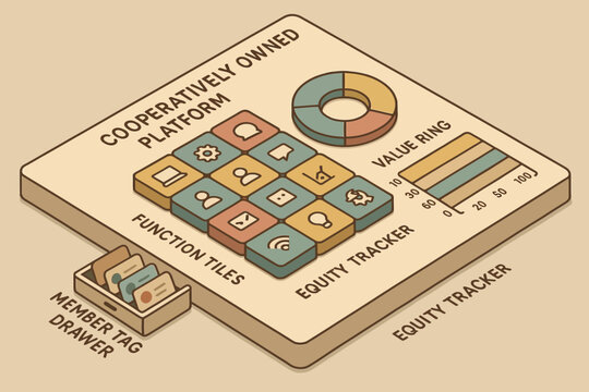 Cooperatively owned platform diagram with function tiles and equity tracker overview