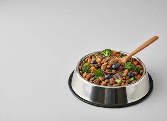 Healthy pet food kibble with blueberries, carrots, broccoli, chia seeds, and wooden spoon in a stainless steel bowl.