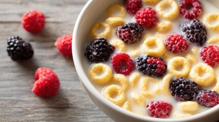 A bowl filled with yellow cereal rings topped with red raspberries and blackberries sits on a weathered wooden table. Morning light brightens the scene enhancing the vibrant colors.