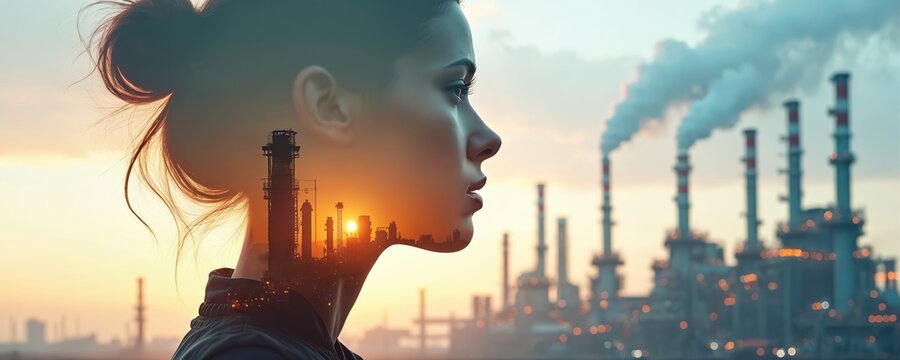 Double exposure combines woman profile with industrial factory at sunset. Smoke stacks emit fumes against warm sky. Image blends human face, industry, and atmospheric conditions creating abstract art.