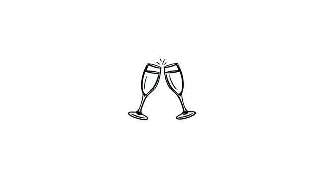 Elegant champagne flutes toasting with sparkling effects, black and white line art illustration for celebrations and parties