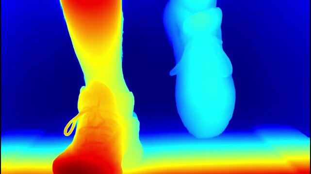 Thermal view of a person&rsquo;s feet in sneakers, mid-step, highlighting heat distribution from physical activity. Bright hues indicate exertion on lower limbs in an indoor fitness context.