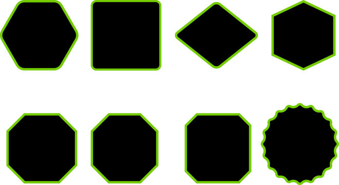 A collection of geometric shapes with rounded corners and a wavy edge, all rendered in bright green outlines against a stark, showcasing variety in polygon forms