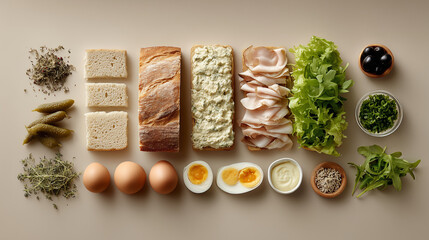 Neatly arranged sandwich ingredients including bread, turkey slices, lettuce, eggs, herbs, cheese, and pickles on a neutral background.