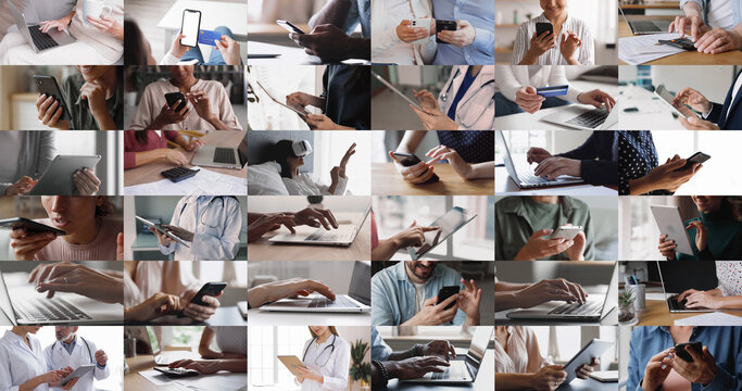 Collage close up view of diverse interactions with modern technology