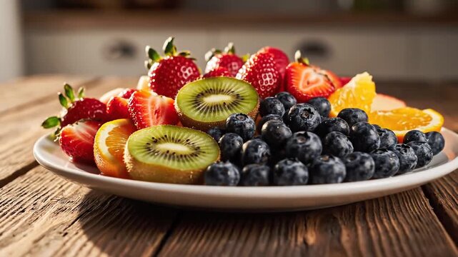 Fresh Fruit Platter A Colorful and Healthy Delight on Wooden Table.