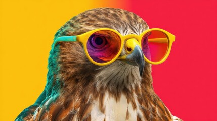 A bird with sunglasses and a yellow frame is the main focus of the image. The sunglasses are positioned above the bird's eyes, giving it a cool and stylish appearance