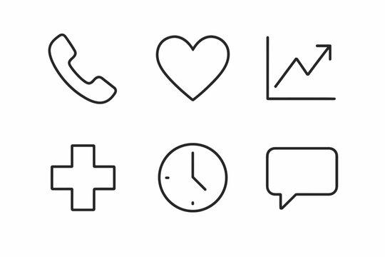 Minimalist icons: phone, heart, chart, plus, clock, speech bubble