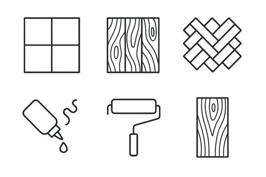 Wood flooring and maintenance icons: tiles, planks, herringbone, glue, roller