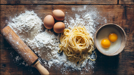 Pasta-making ingredients on a wooden surface including flour, eggs, yolks, rolling pin, and a nest of fresh pasta dough sprinkled with flour.