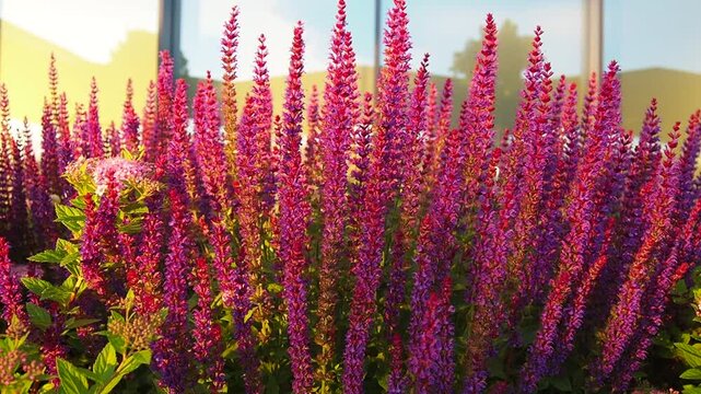 Sage Salvia genus of perennial herbaceous plants, shrubs of Lamiaceae family. Common sage Salvia pratensis. Purple flowers. Flowers under the rays of the evening sunset at Vilnius Airport, Lithuania