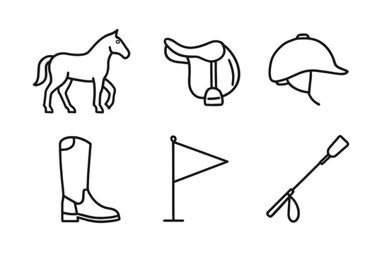 Equestrian equipment icons: horse, saddle, riding hat, boots, flag, crop