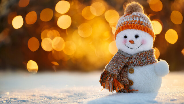 Cute snowman with scarf and toque in snow with blurred golden lights background