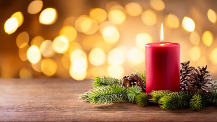 ed christmas candle with fir tree twigs and pine cones on wooden decorative xmas table and blurred bokeh light glowing golden