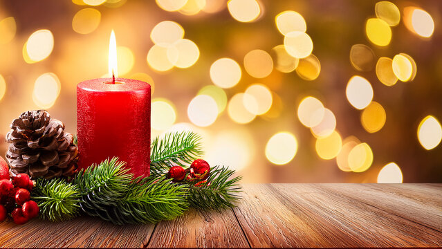 ed christmas candle with fir tree twigs and pine cones on wooden decorative xmas table and blurred bokeh light glowing golden - Powered by Adobe