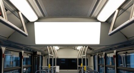 Interior of empty city bus with bright overhead lights and signage