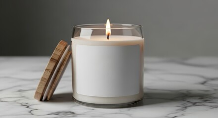 Lit scented candle in glass jar with wooden lid on marble surface