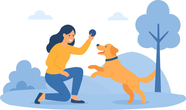 Woman playing fetch with her happy golden retriever in a park setting