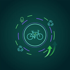 Eco-friendly bicycle icon with recycling symbols and green arrows on a dark background