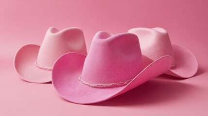 Three pink cowboy hats are displayed on a pink background. The hats are all different sizes and styles, but they all have a similar pink color