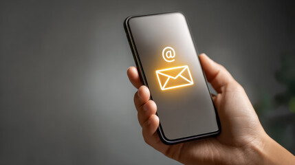 Person holding a smartphone displaying glowing email and at symbol representing digital communication and modern messaging concept in hand