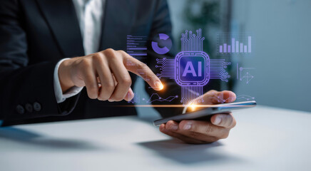 Businessman using AI on a smartphone interacting with a digital interface for business intelligence and data analysis