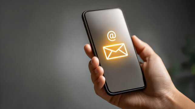Person holding a smartphone displaying glowing email and at symbol representing digital communication and modern messaging concept in hand