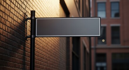 Blank urban sign on brick wall in cityscape at sunset