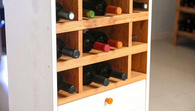 Wooden wine rack holding various wine bottles with colored caps, natural lighting, indoor setting. Concept of wine storage, home organization, and beverage collection