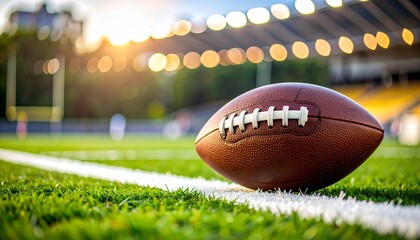 Close-up of American football on green grass field, realistic photo style, with a blurred stadium and sunset background. Concept of sports, competition, and teamwork