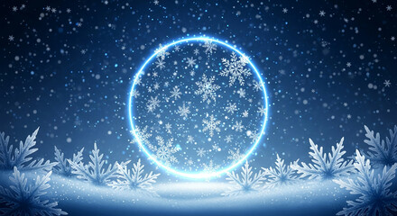 Abstract blue winter scene with snow flurry and snowflake shapes inside a glowing circle, symbolizing celebration of winter, holiday, or Christmas season