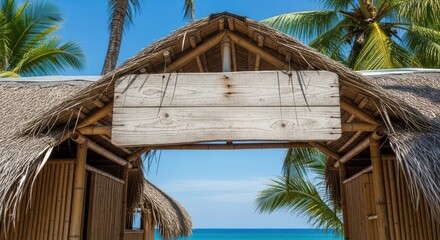 Tropical beachfront hut with wooden sign and palm trees in paradise