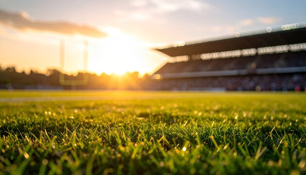Close-up of vibrant green grass on a football stadium field at sunset, warm natural lighting with blurred goalposts and stands, concept of sports and outdoor events - Powered by Adobe