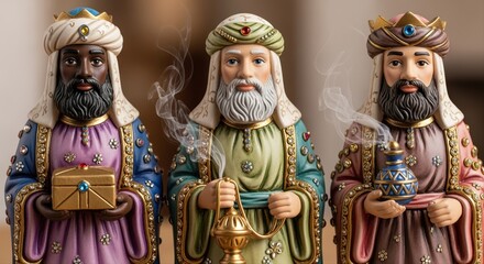 three wise men figurines with gifts in colorful robes during christmas celebration