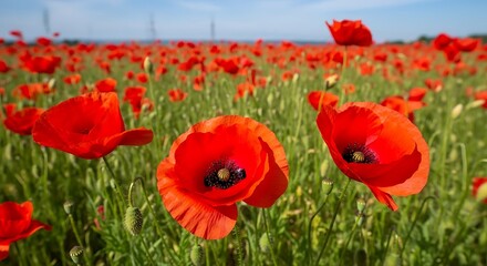 Vibrant field of red poppies in bloom under a clear blue sky