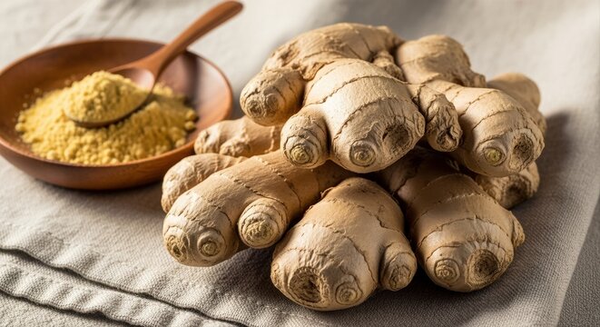 fresh ginger root with ground ginger on linen fabric creating a rustic culinary atmosphere - Powered by Adobe