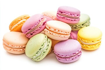 Obraz premium Colorful macarons arranged on white background. AI image