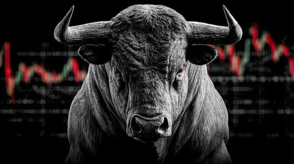 Fierce bull symbolizing bullish market trends with glowing eyes against a dark background featuring fluctuating stock charts in red and green hues