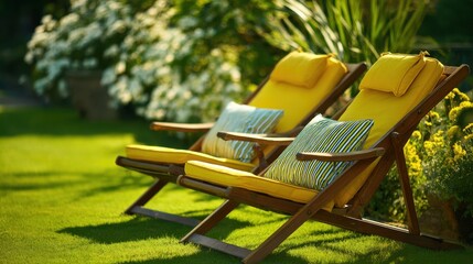 Two bright yellow lounge chairs with soft pillows sit on a lush green lawn. In the background vibrant flowers bloom under warm sunlight creating a serene garden atmosphere.